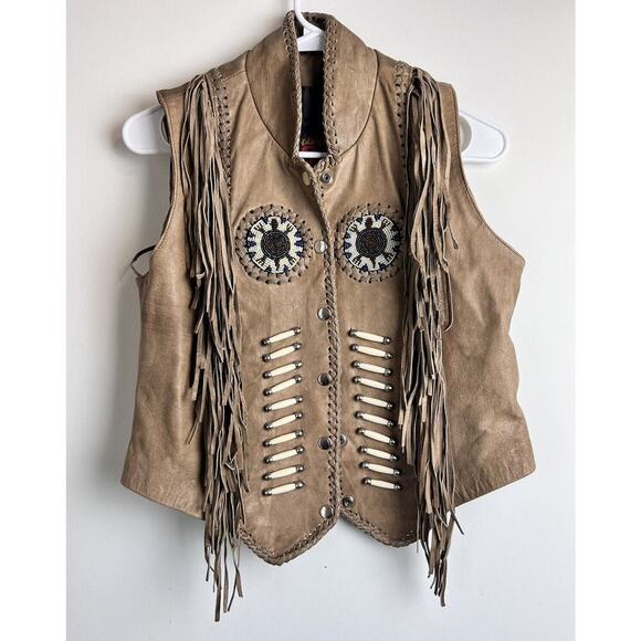 HOT LEATHERS Women's Size Large Leather beige‎ brown Fringed Vest - Picture 1 of 9